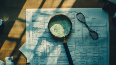 Flat lay of engineering permit applications, risk assessment forms, and site mapsの素材