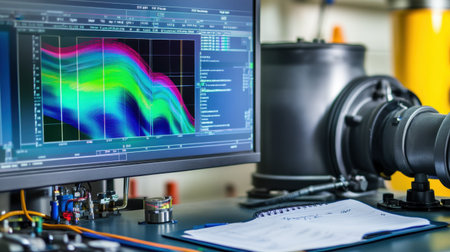 Fluid dynamics simulation on a computer screen with notes and pump components on the deskの素材