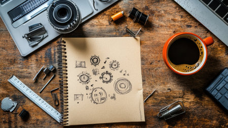Flat lay of engineering project essentials notepad, ruler, CAD drawings, and coffeeの素材