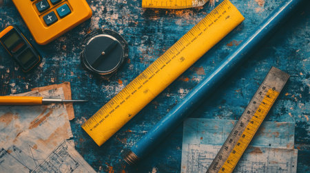 Flat lay of engineering project tools scale ruler, blueprint tube, timeline chart, and engineering calculatorの素材