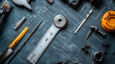 Flat lay of manufacturing engineer tools including torque wrench, digital caliper, and technical specsの素材
