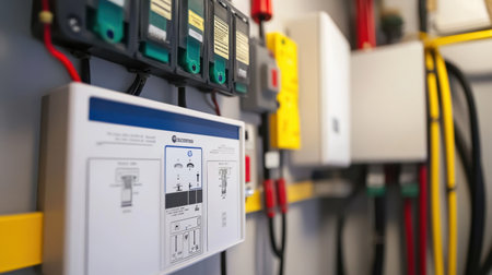 Gas detection system installed on wall, with indicator lights, calibration stickers, and status screenの素材