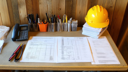 Hardhat, walkie-talkie, and construction permit papers neatly arranged on a planning tableの素材
