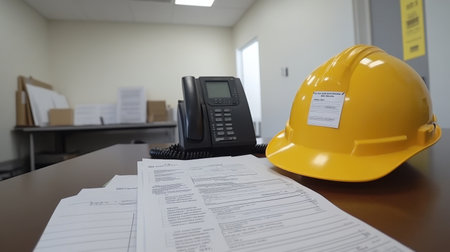 Hardhat, walkie-talkie, and construction permit papers neatly arranged on a planning tableの素材