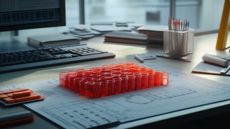 Heat exchanger model placed on a bench with thermal diagrams and calculation sheets besideの素材