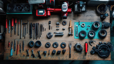 Industrial robot arm assembling parts on a production table, with alignment tools and sensors nearbyの素材