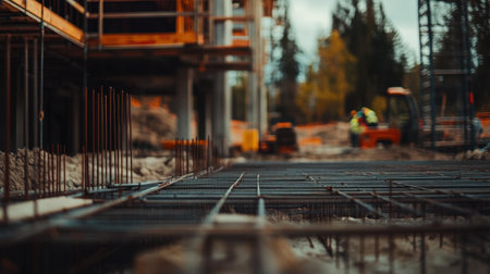 Industrial construction site with scaffolding, rebar, and signage related to civil engineering projectの素材