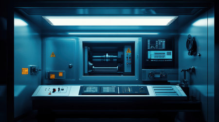 Industrial workspace with milling machine, safety signage, and metalworking tools aligned neatlyの素材