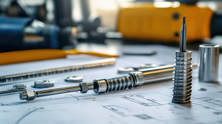 Industrial machine parts including shafts, pistons, and bolts beside measurement instruments and blueprintsの素材