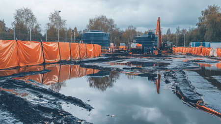 Industrial site with secondary containment barriers and spill control systems in placeの素材