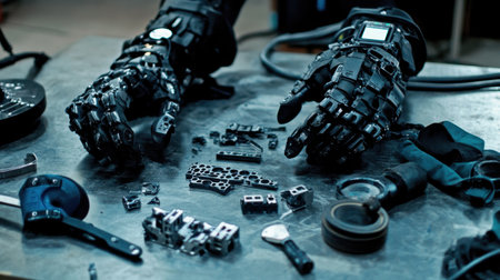 Industrial robot arm assembling parts on a production table, with alignment tools and sensors nearbyの素材