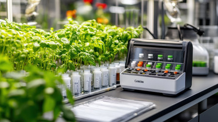 Laboratory counter with soil test kits, nutrient analyzer, and field sample logsの素材