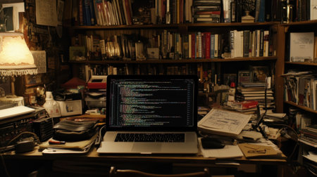 Laptop with code refactoring process open, surrounded by programming books and diagramsの素材