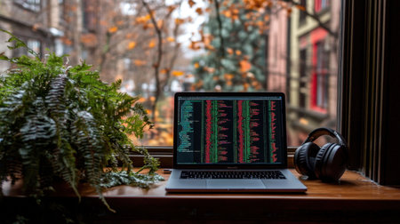 Coding bootcamp setup with laptop, headphones, Git commands on screen, and planner nearbyの素材