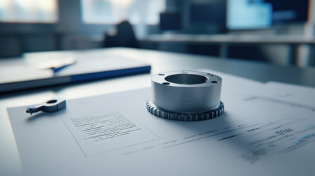 Engineering change notice document beside updated CAD drawing and new part revision labelの素材