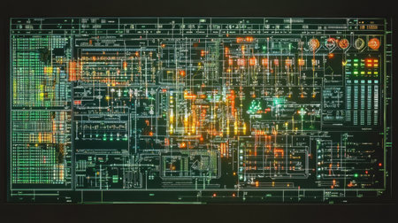 Distributed systems network map displayed on screen with cloud servers, firewalls, and security protocolsの素材