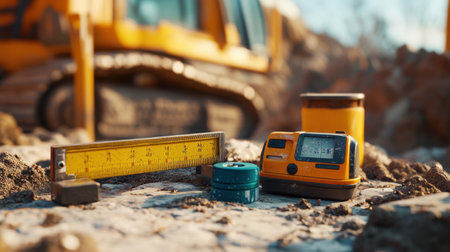 Digital level and GPS equipment placed on a newly marked construction zone with steel markersの素材