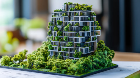 Green building project board with energy-efficient design plans and sustainable material listの素材