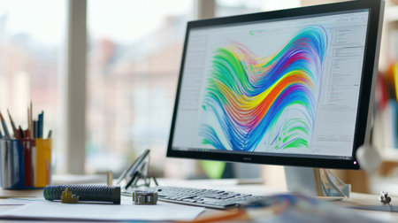 Fluid dynamics simulation on a computer screen with notes and pump components on the deskの素材