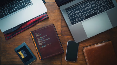 Flat lay of software development tools including laptop, notebook with pseudocode, and external SSD on a wooden deskの素材
