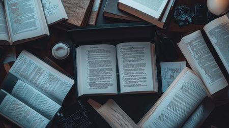 Laptop with code refactoring process open, surrounded by programming books and diagramsの素材