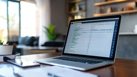 Open laptop with planning software showing Gantt chart and progress meters at various stagesの素材