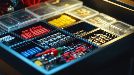 Organized drawer with electronic components sorted in bins labeled with voltage and rating valuesの素材