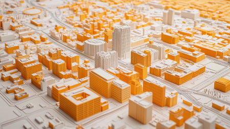 Overhead view of urban planning model with zoning areas, transportation lines, and legend sheetsの素材