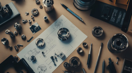 Overhead view of a desktop with a mechanical parts catalog, components, and drafting toolsの素材