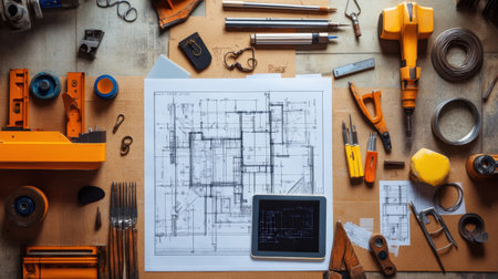 Overhead view of a workspace with civil engineering tools, blueprints, and digital tablet displaying CAD drawingsの素材