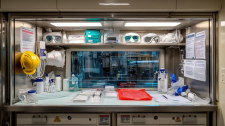 Personal protective equipment PPE station with gloves, goggles, helmets, and usage instructionsの素材