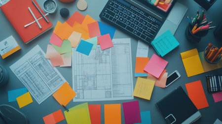 Project plan templates, cost analysis spreadsheets, and blueprint overlays spread out in an office settingの素材