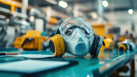 PPE inspection checklist and tagged safety equipment laid out on bench in a staging areaの素材