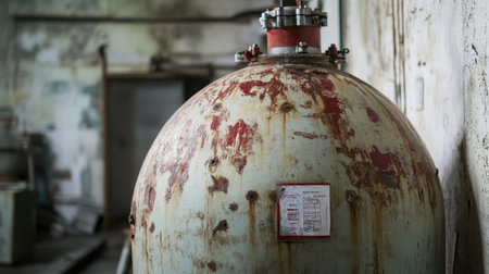 Pressure vessel with relief valves, inspection tags, and safety warnings affixed nearbyの素材
