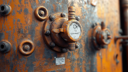 Pressure vessel with relief valves, inspection tags, and safety warnings affixed nearbyの素材