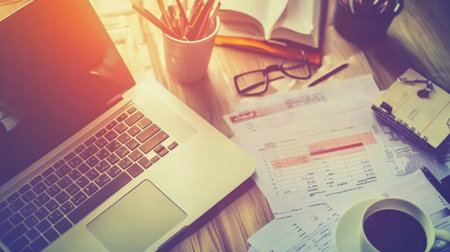 Project scope document, quality control checklist, and Gantt chart visible on a clean office deskの素材