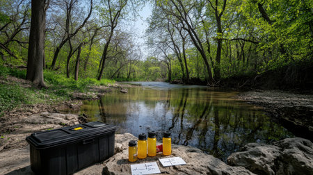 River water sampling setup with labeled bottles, cooler, and turbidity meterの素材