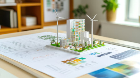 Renewable energy project model with wind turbine layout, solar panels, and environmental impact study chartsの素材