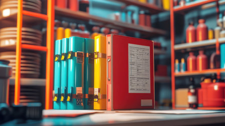 Safety data sheets SDS binder on a clean desk with chemical storage layout and spill response chartの素材