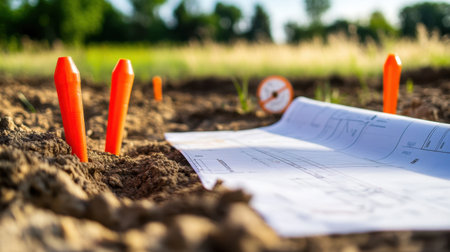 Rolled site plans, field notes, and measuring wheels on a construction site with survey markersの素材
