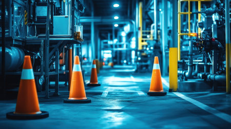 Safety cones, barrier tape, and floor markings arranged to isolate a mock hazardous areaの素材