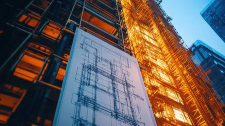 Scaffolding erected on high-rise project with structural beam layouts visible on site plan boardの素材