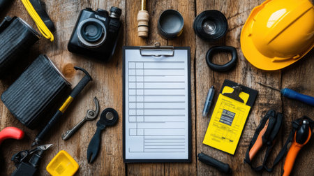 Safety engineers desk with inspection checklist, safety improvement plans, and compliance bindersの素材