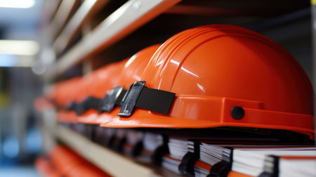 Safety program binders arranged by topic fire safety, chemical handling, PPE, and incident reportsの素材