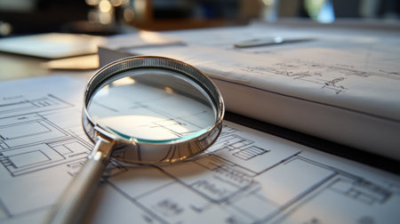Set of redlined technical drawings under a magnifying glass beside project folderの素材