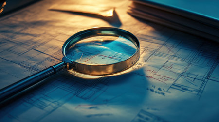 Set of redlined technical drawings under a magnifying glass beside project folderの素材