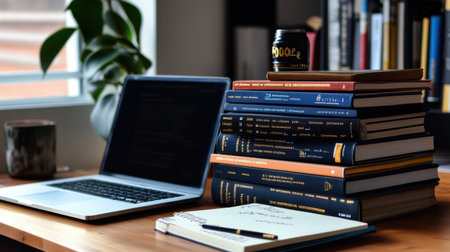 Stack of developer handbooks, color-coded notes, and JavaScript code snippets on deskの素材