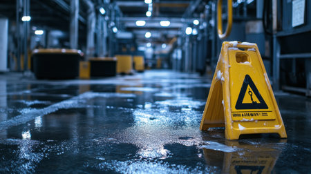 Slips, trips, and falls hazard signage placed beside recently cleaned industrial floorの素材