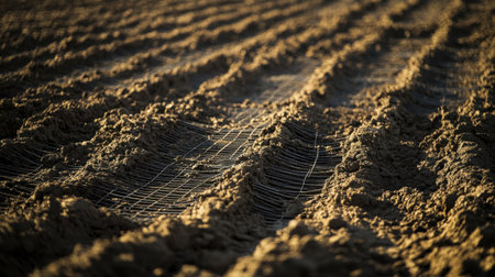 Structural reinforcement mesh laid out on the ground in preparation for concrete slab pouring on a construction siteの素材