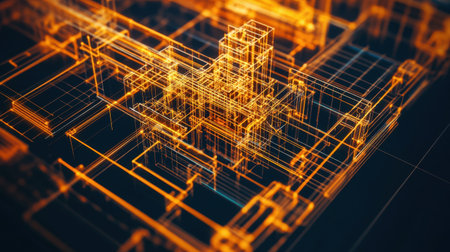 Structural design model of a building foundation with foundation elements and reinforcement layout shown on screenの素材
